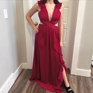 Ruffled Deep V Burgundy Evening Dress